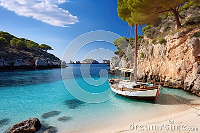 Boat on the beach in Calanques, Costa Brava, Catalonia, Spain, Beautiful beach with sailing boat yacht, Cala Macarelleta, Menorca Stock Photo