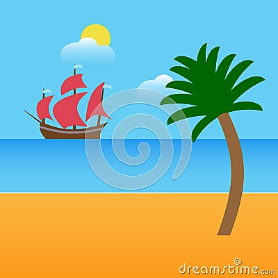 Boat on beach with palm and clouds. Vector illustration Vector Illustration