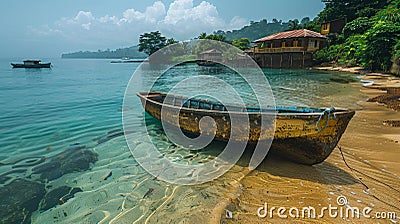 Boat on the beach of Sao Tome and Principe Stock Photo