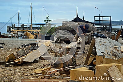 Boat Builder working at The Viking Ship Museum, Denmark Editorial Stock Photo