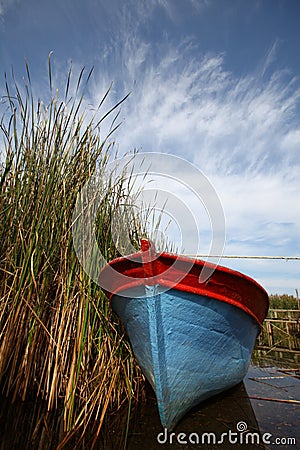 Boat in bulrushes Stock Photo