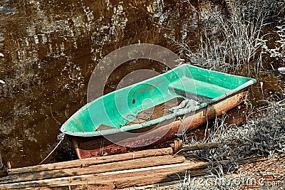 Boat in canal landscape. infrared nature landscape Stock Photo