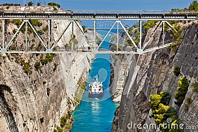 The boat crossing the Corinth channel in Greece Stock Photo