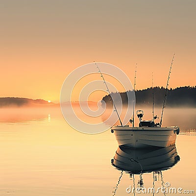 Boat at dawn, fishing rods in holders, calm water, capturing peaceful prep with a soft, golden glow Stock Photo