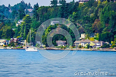 Waterfront Homes And Boat Illustration Stock Photo