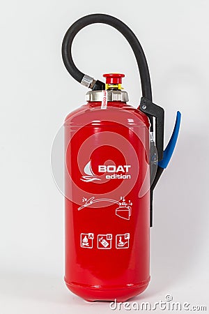 Boat edition of modern fire extinguisher isolated on white background Editorial Stock Photo