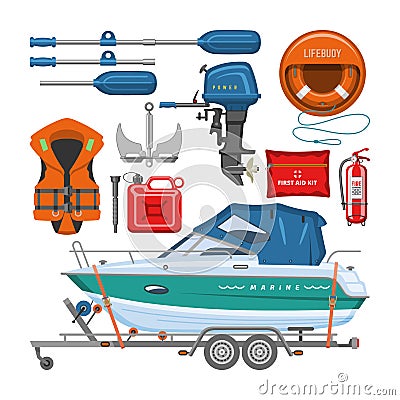 Boat equipment vector motorboat yacht with life-vest lifebuoy paddle anchor illustration marine set of nautical sailboat Vector Illustration