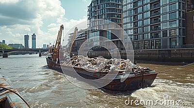 A boat filled with garbage floating on a polluted river. This image can be used to highlight the issue of pollution and Stock Photo