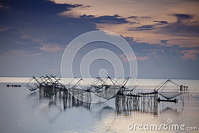 Boat Fisherman River Landscape in Thailand Stock Photo