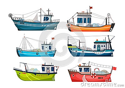 Boat, fishing ship or fisher trawler, fish catch Vector Illustration