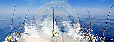 Boat fishing trolling panoramic rod and reels Stock Photo
