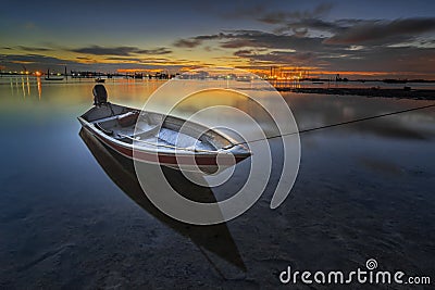 Boat in the fishing village at beautiful sunset city of Batam Indonesia Stock Photo