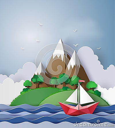 boat float on the sea with island Vector Illustration