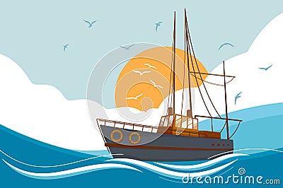 Boat floating in sea Cartoon Illustration