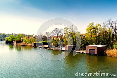Boat garages and pontoons along side the shore of Snagov Lake, Romania Stock Photo