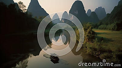 The boat goes down a river in china, in the style of grandiloquent landscapes, light yellow and dark orange, Generative AI Stock Photo