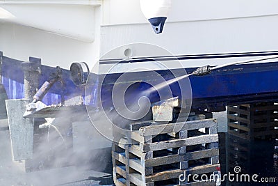 Boat hull cleaning water pressure washer Stock Photo