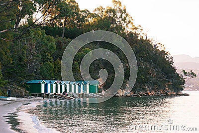 Boat huts at Coningham Beach, Huon Valley, Tasmania Editorial Stock Photo