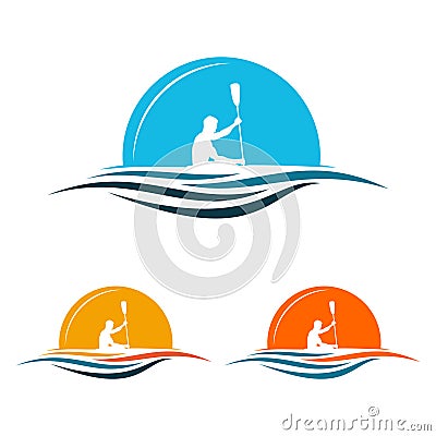 Boat Kayak Paddle Canoe Rowing with Sunrise Logo Vector Illustration