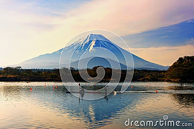 Boat kayaking around mountain fuji Stock Photo