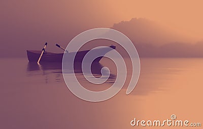 A boat on the lake at sunset. Cartoon Illustration