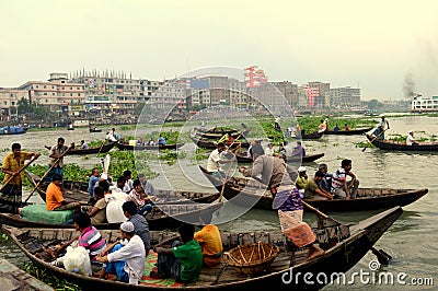 Boat and life in Dhaka Editorial Stock Photo