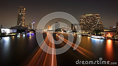 Boat light trails on Chao Phraya River Editorial Stock Photo