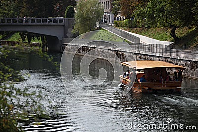 Boat on Ljubljanica River Editorial Stock Photo
