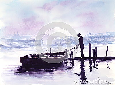 Boat and man in harbour Stock Photo