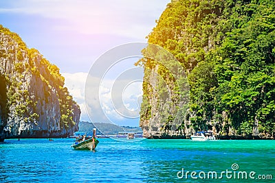 Boat in MAYA Bay Phi Phi Islands Andaman sea Krabi Thailand. Editorial Stock Photo