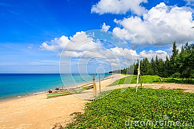 Boat and nets on Natai Beach Stock Photo