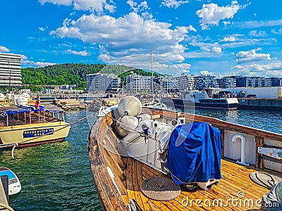 Boat in the Oslo harbor on a sunny day in Norway Editorial Stock Photo