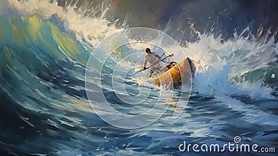 Struggling Kayak: A Boat Painting Of A Kayak Caught In Raging Adriatic Sea Stock Photo