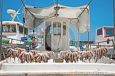 The boat in the port after the successful fishing Stock Photo