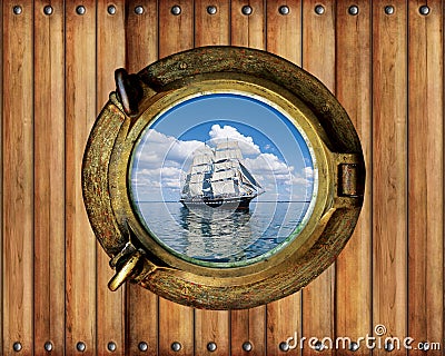 Boat porthole window ship with ocean view and wood background Stock Photo