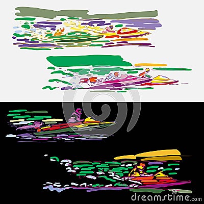 Boat racing in watercolor outline style Sketch Vector Illustration