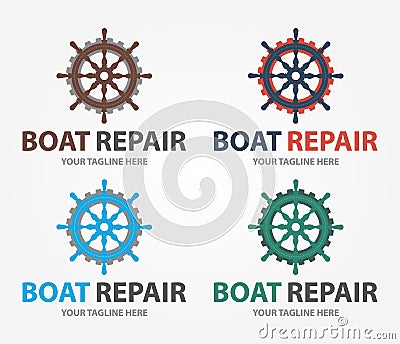 Boat Repair, Maintenance, Refurbishment logo. Boat wheel with gear. Fix icon Vector Illustration