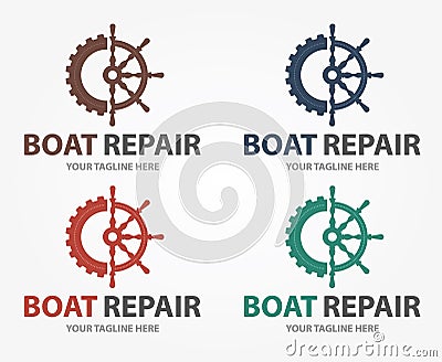 Boat Repair, Maintenance, Refurbishment logo. Boat wheel with gear. Fix icon Vector Illustration