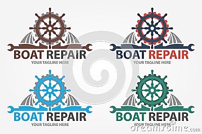 Boat Repair, Maintenance, Refurbishment logo. Boat wheel with gear. Fix icon Vector Illustration