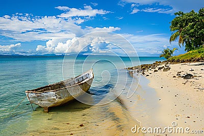 Boat Resting on Sandy Beach Stock Photo