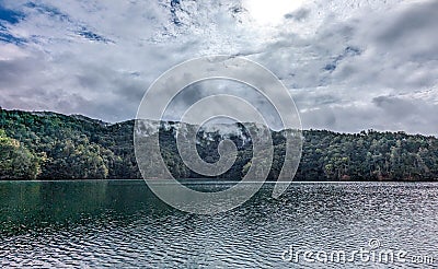 Boat riding on lake jocassee north carolina in summer Stock Photo