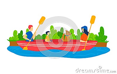 Boat at river nature, cartoon family with child travel by summer lake water, vector illustration. People father mother Vector Illustration