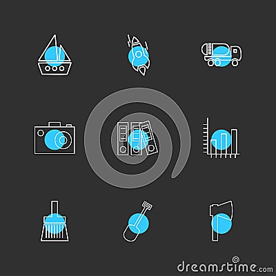 boat , rocket, camera , spade , brush , transport , travel ,tr Vector Illustration