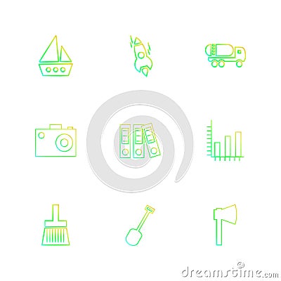 boat , rocket, camera , spade , brush , transport , travel ,tr Vector Illustration