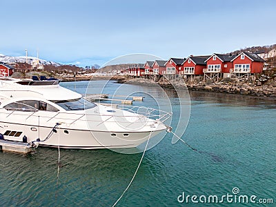 Boat and rorbu cabins in Stokmarknes, Vesteralen, Norway Stock Photo