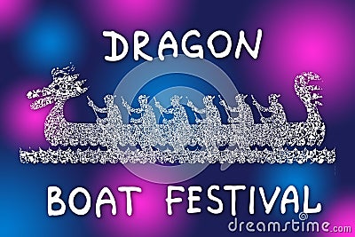 Boat with rowers. Dragon Boat Festival. Symbolic cartoon drawing in brights colors. Stock Photo