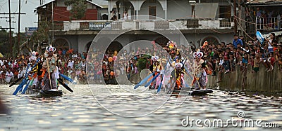 Boat rowing competition- rowers in ethnic wear- heikru hidongba in Manipur India Editorial Stock Photo