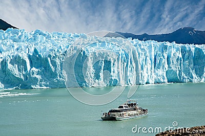 Boat sailing near Perito Moreno glacier. Stock Photo