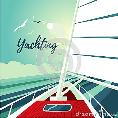 Boat sailing on the ocean. Journey on ship. Water travel. Vector Illustration