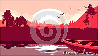 A boat sails on the river Vector Illustration